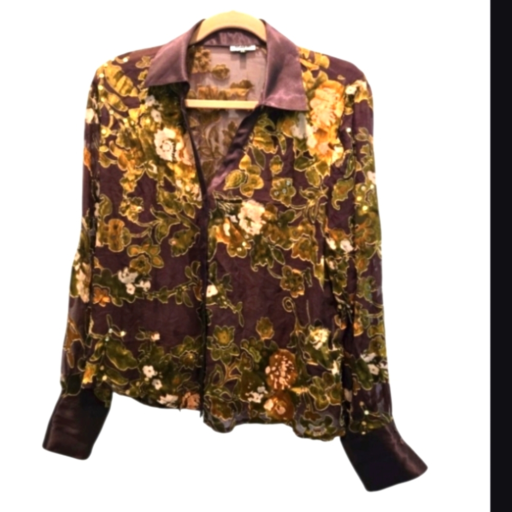 Vintage Y2K Euro Top XL Velvet Dark Floral Blouse Long Sleeve Satin Sequin Spain